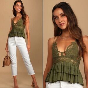 Free People Olive Green Lace Cami Top